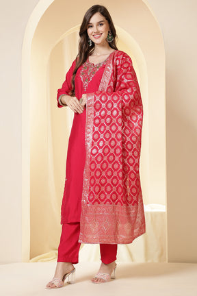 Fushia Pink Color Silk Neck Embroidered Suit Set