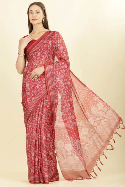 Maroon Kota Cotton Floral Jaal Printed Saree