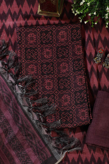 Wine Chanderi Cotton Digital Printed Unstiched Suit Material
