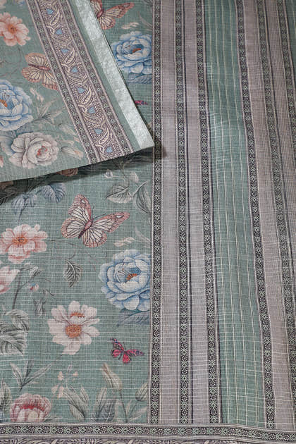 Sage Green Floral Printed Metallic Tissue Saree