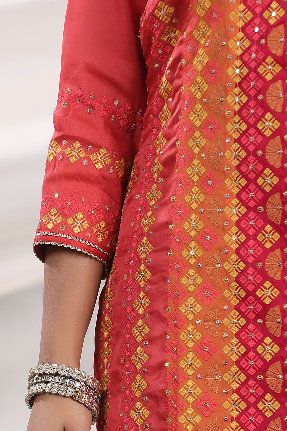 Coral Color Embroidered Silk Unstitched Suit Fabric