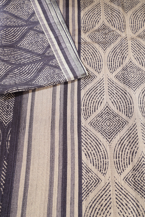 Beige & Navy Tussar Silk Printed Saree