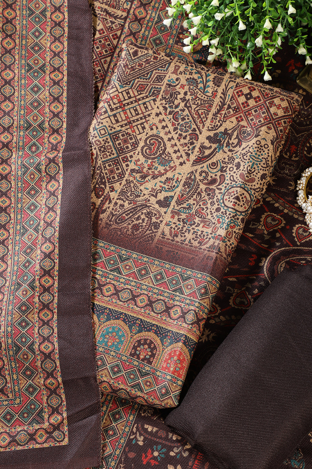 Brown Pashmina Digital Printed Unstitched Suit Material