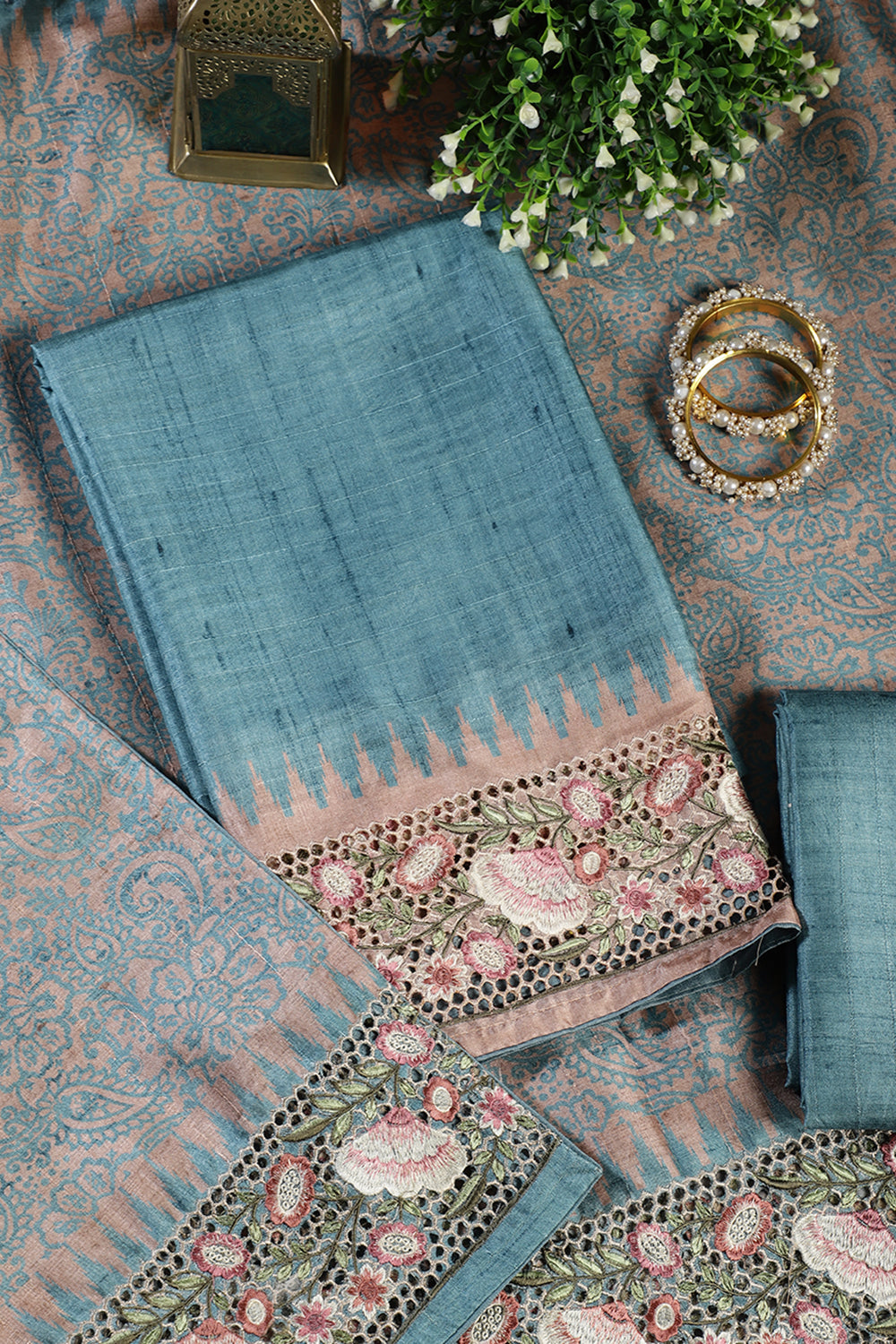 Cadet Blue Tussar Cotton Floral Lace Work Unstiched Suit Material