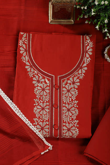 Rust Red Cotton Resham Embroidered Unstitched Suit