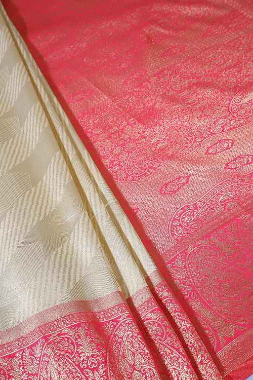Beige & Red Brocade Silk Zari Woven Saree