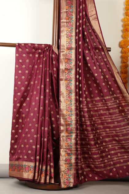 Wine Silk Zari & Resham  Woven Saree