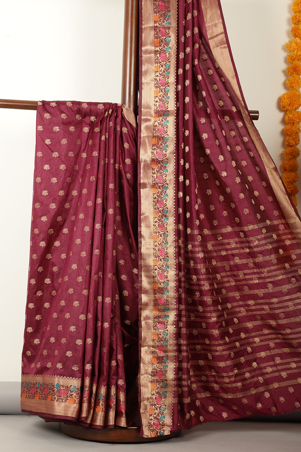 Wine Silk Zari & Resham  Woven Saree