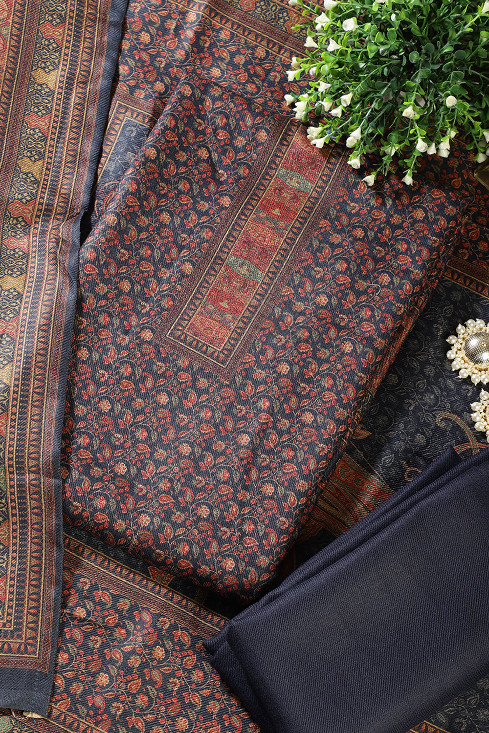 Navy Pashmina Floral Printed Unstitched Suit Material