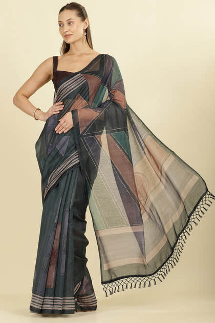 Teal Organza Cotton Printed Saree