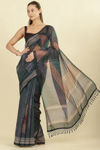 Teal Organza Cotton Printed Saree