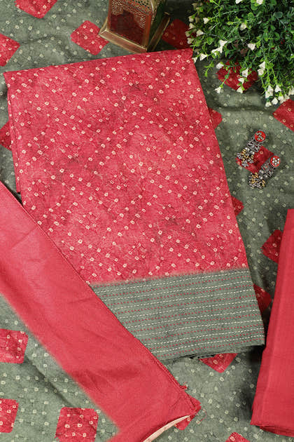 Red Spun Bandhani Printed Unstitched Suit Fabric