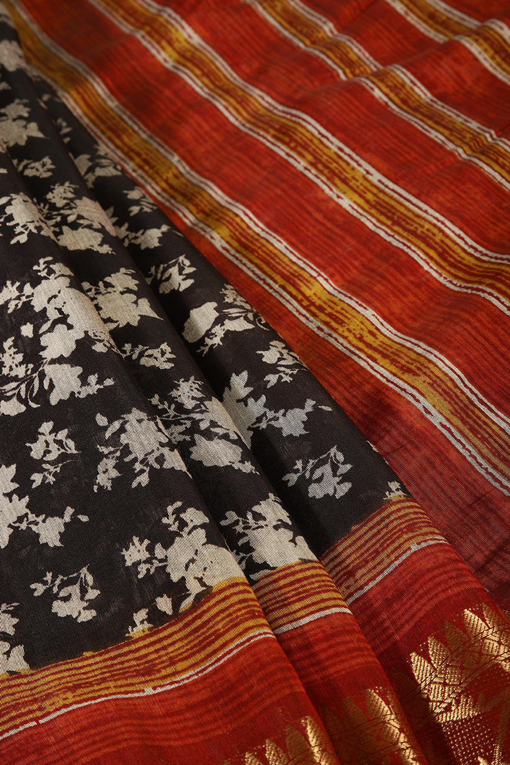 Black Color Printed Cotton Saree with Zari Border