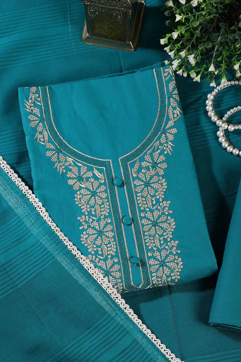 Teal Cotton Resham Embroidered Unstitched Suit