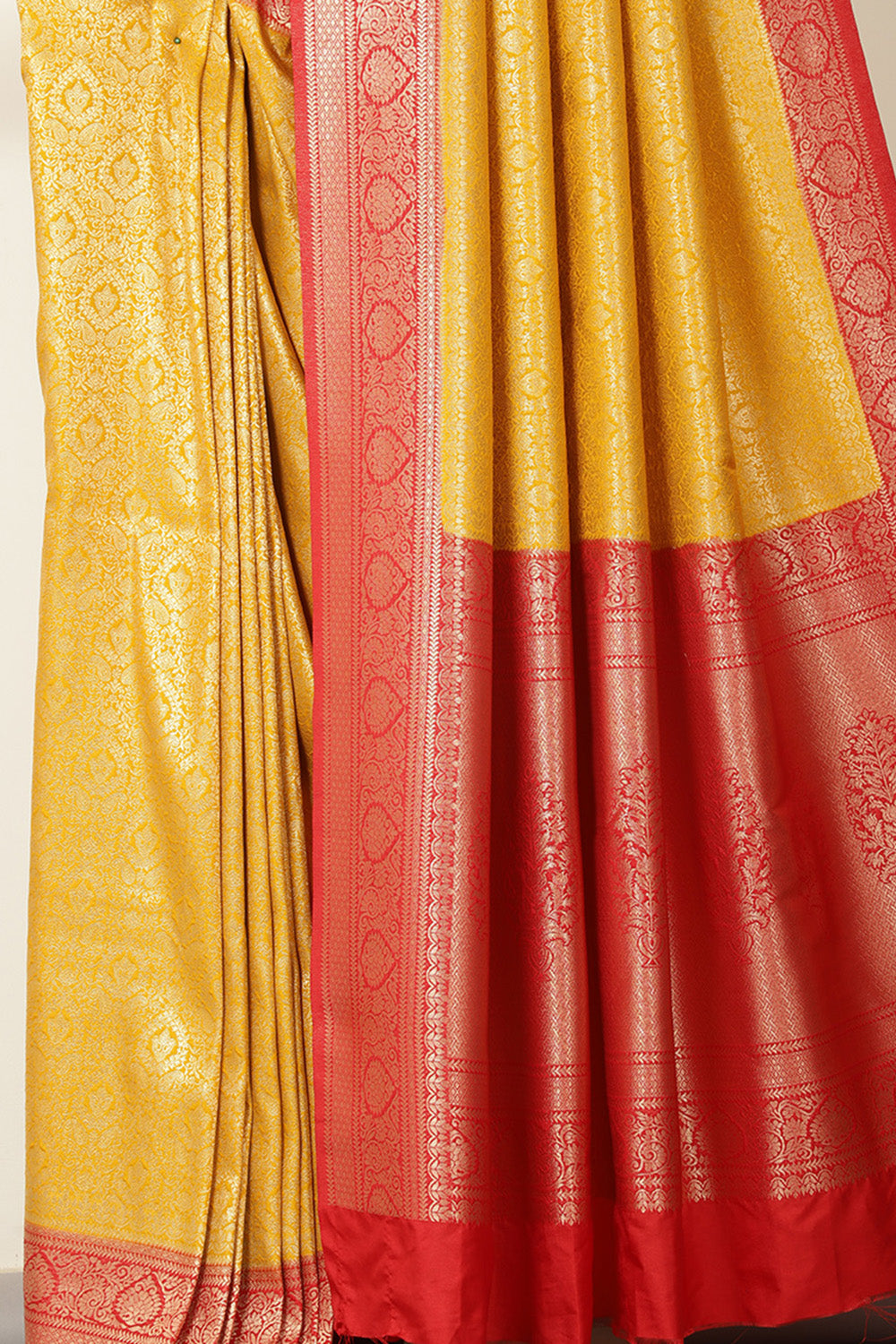 Mustard & Red Dual Toned Soft Silk Zari Woven Saree