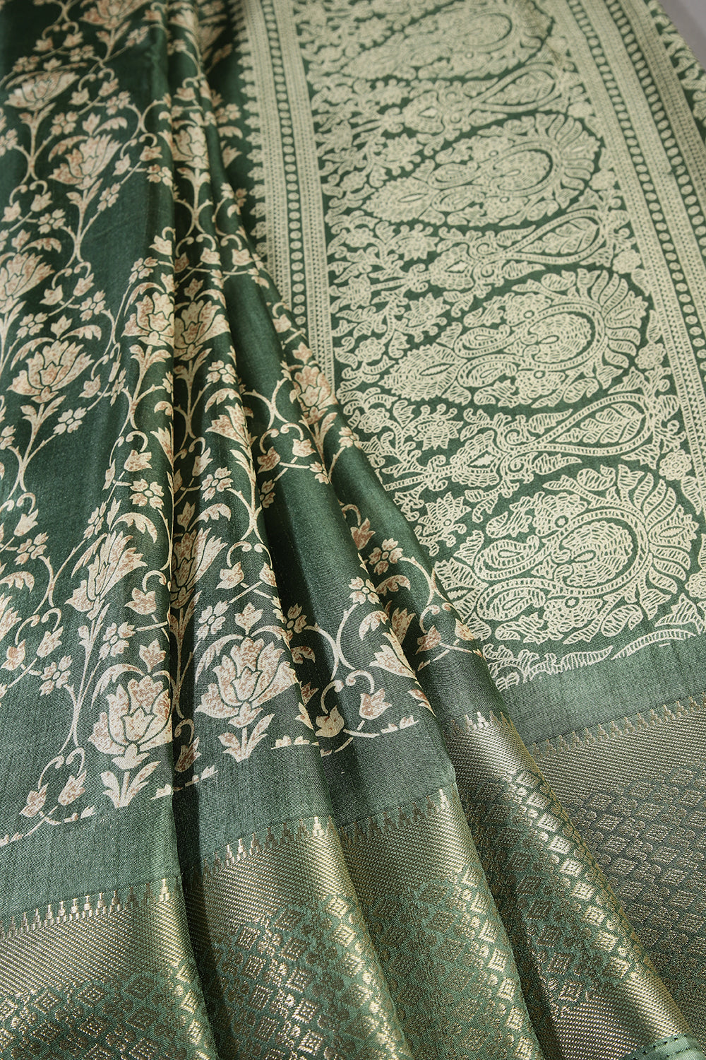 Green Color Cotton Silk Block Printed Saree