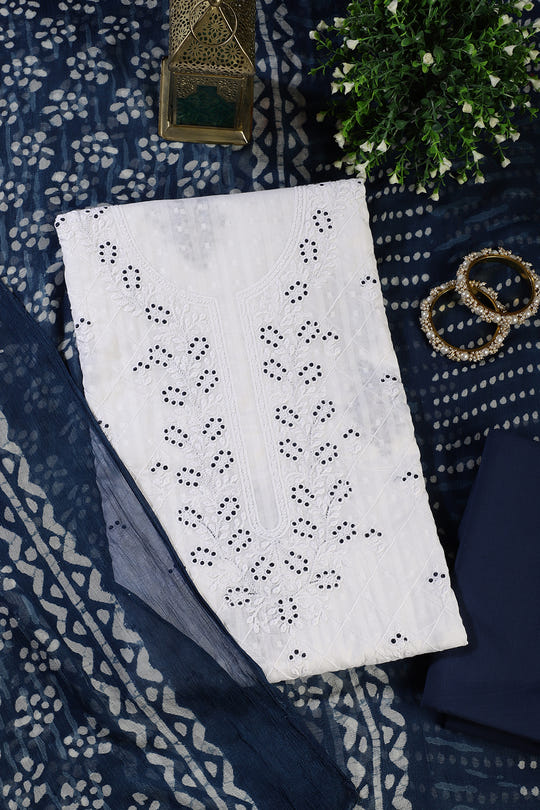 White Cotton Resham Embroidered Unstitched Suit Material