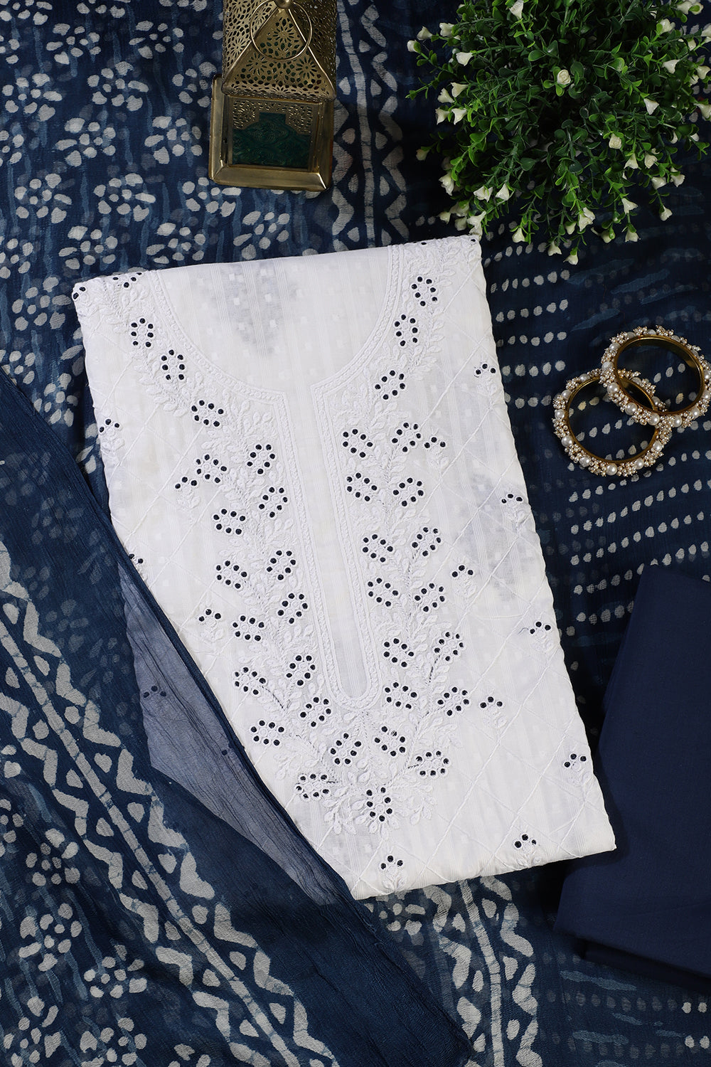 White Cotton Resham Embroidered Unstitched Suit Material