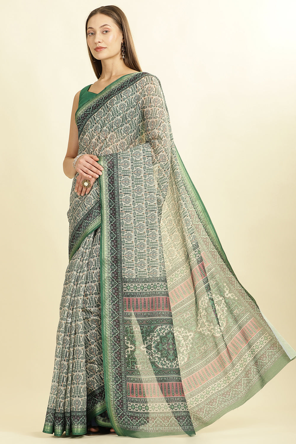Green Ajrakh Block Printed Cotton Saree