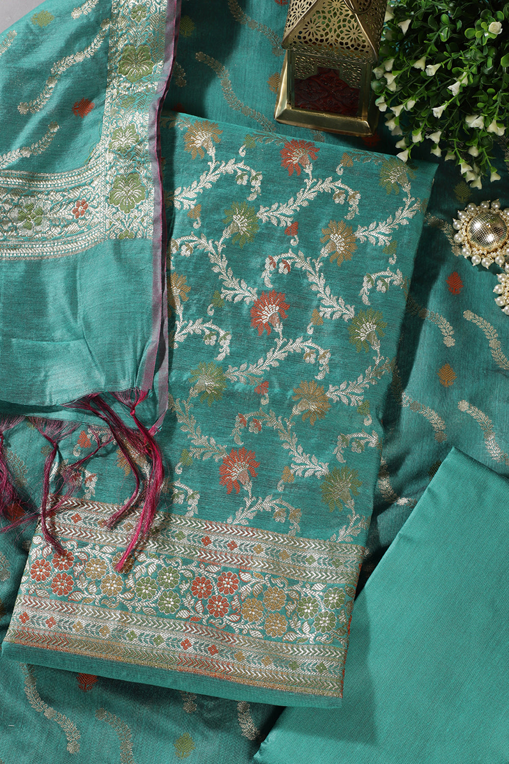 Teal Green Coral Chanderi Silk Resham And Zari Woven Unstitched Suit Material