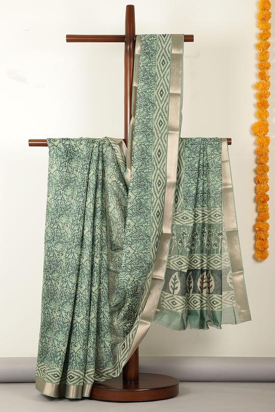 Green Abstract Printed Chanderi Cotton Saree