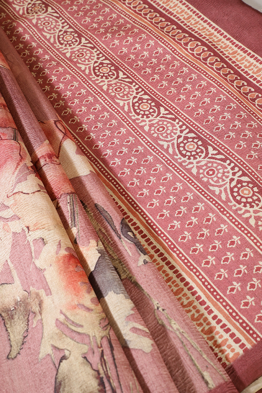 Dusty Pink Floral Printed Tussar Silk Saree