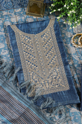 Blue Tussar Silk Neck Zari Embroidered Unstitched Suit