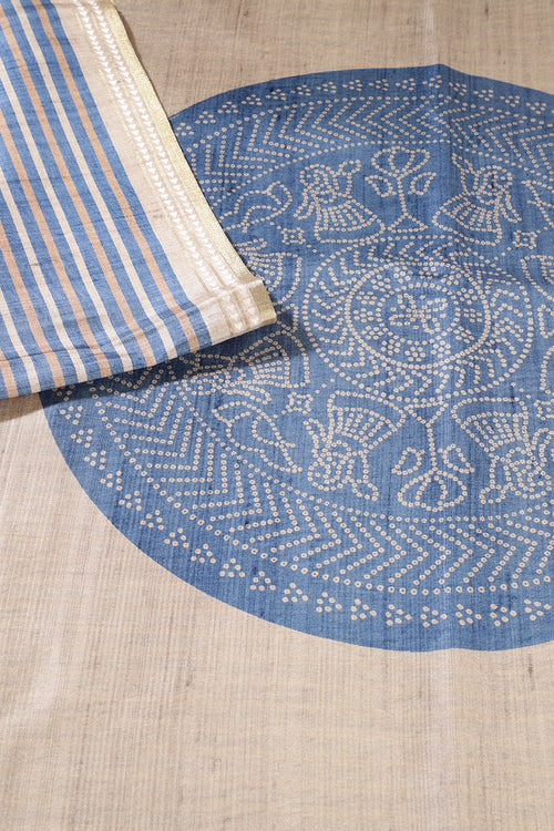 Beige And Blue Tussar Silk Printed Saree