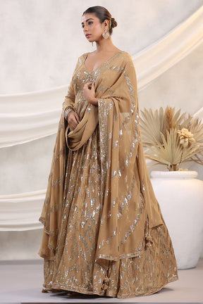 Fawn Color Georgette Sequins Embroidered Floor Length Anarkali Gown with Dupatta