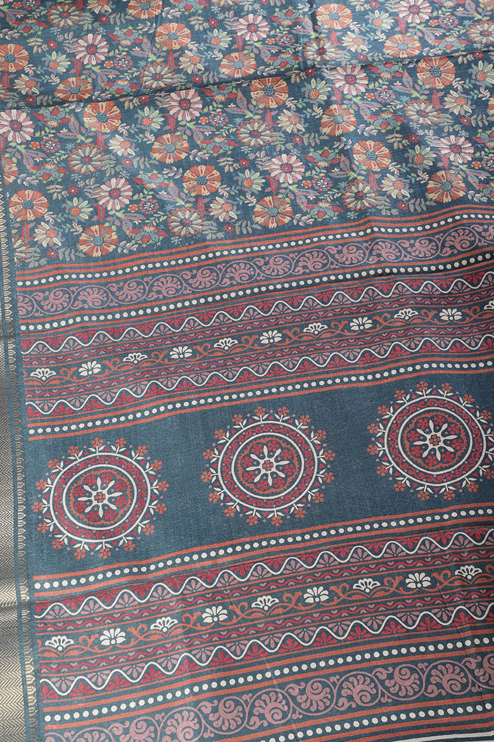 Blue Colour Floral Printed Cotton Silk Saree