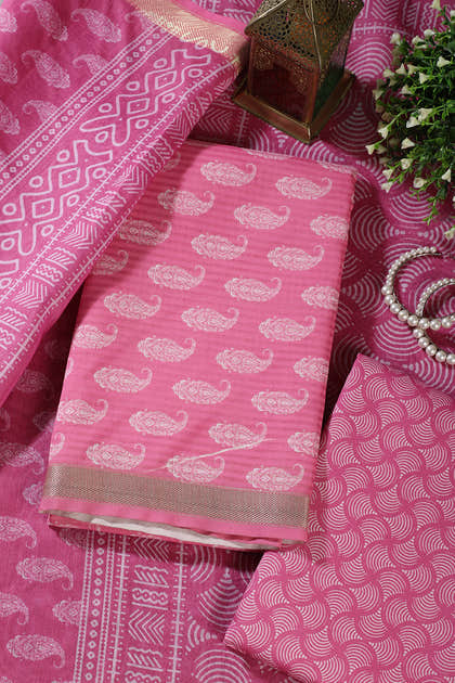 Pink Cotton Boota Block Print Unstitched Suit Fabric