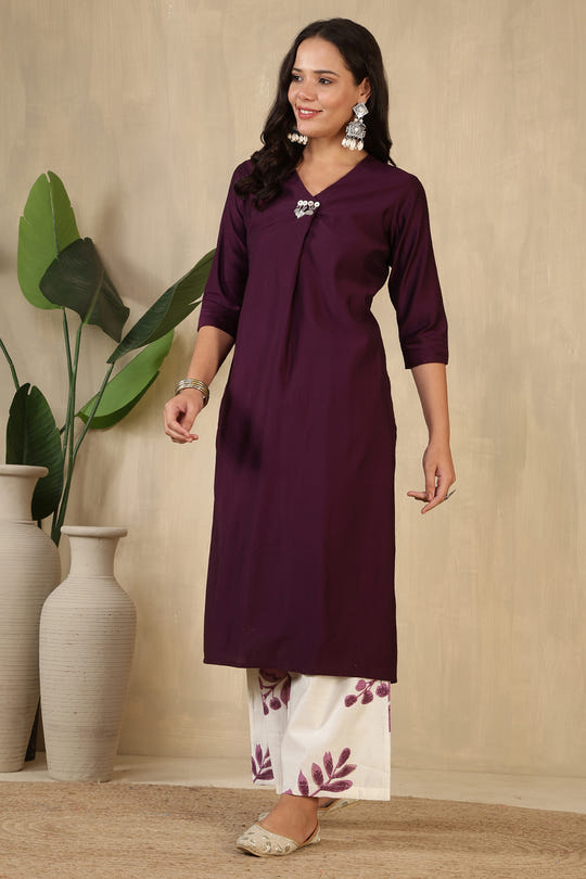 Wine Chanderi Cotton Kurta Set