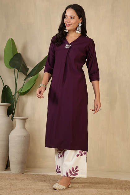 Wine Chanderi Cotton Kurta Set
