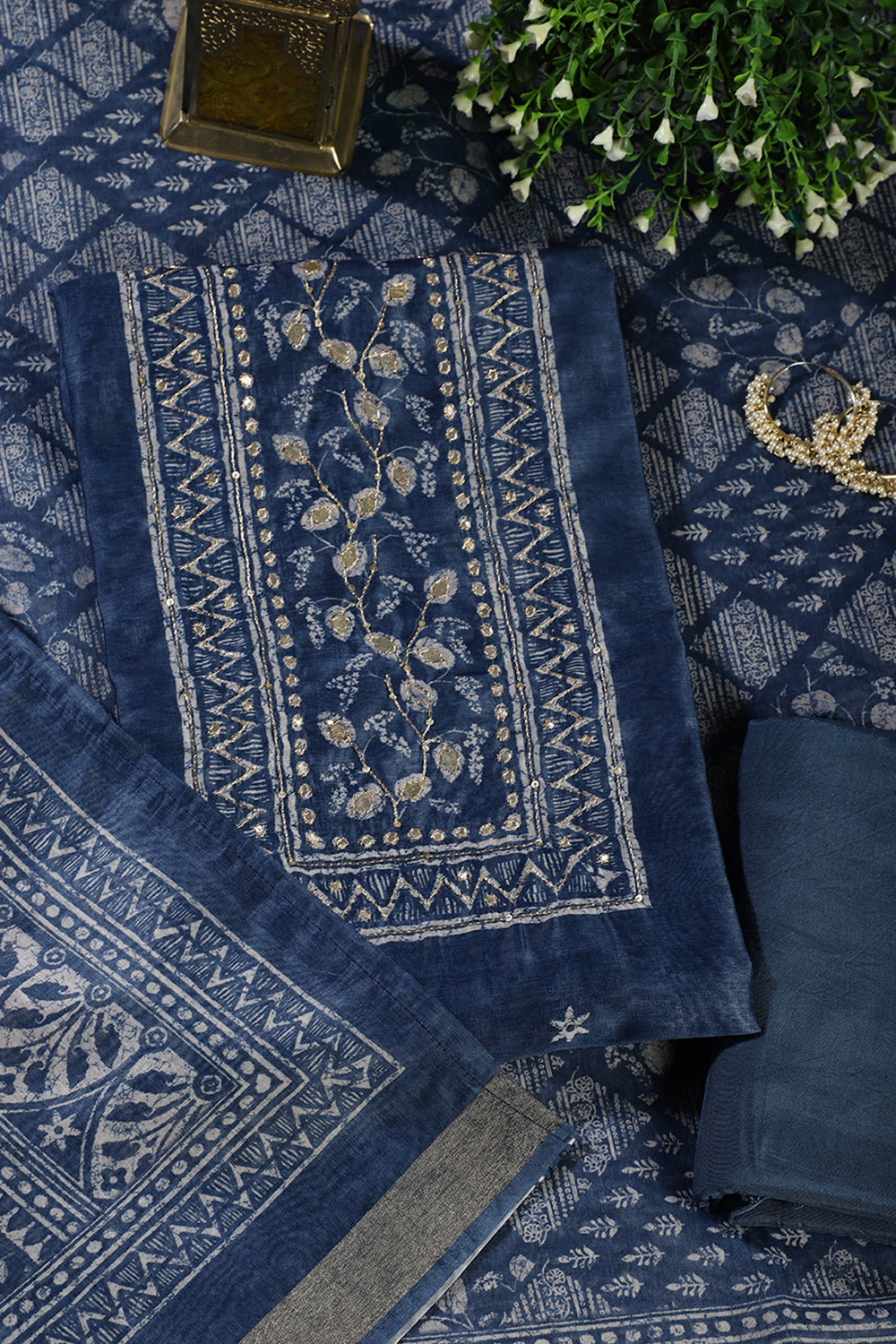 Pacific Blue Printed and Gota-Patti Work Chanderi Cotton Unstitched Suit Material