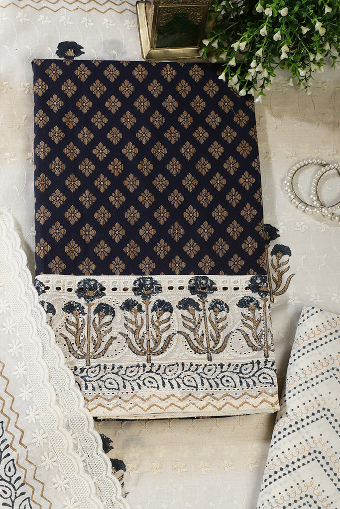 Navy Cotton Woven And Lace Work Unstitched Suit Material