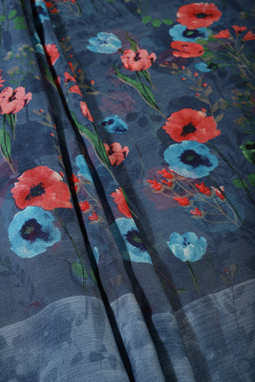 Blue Color Floral Printed Chiffon Saree