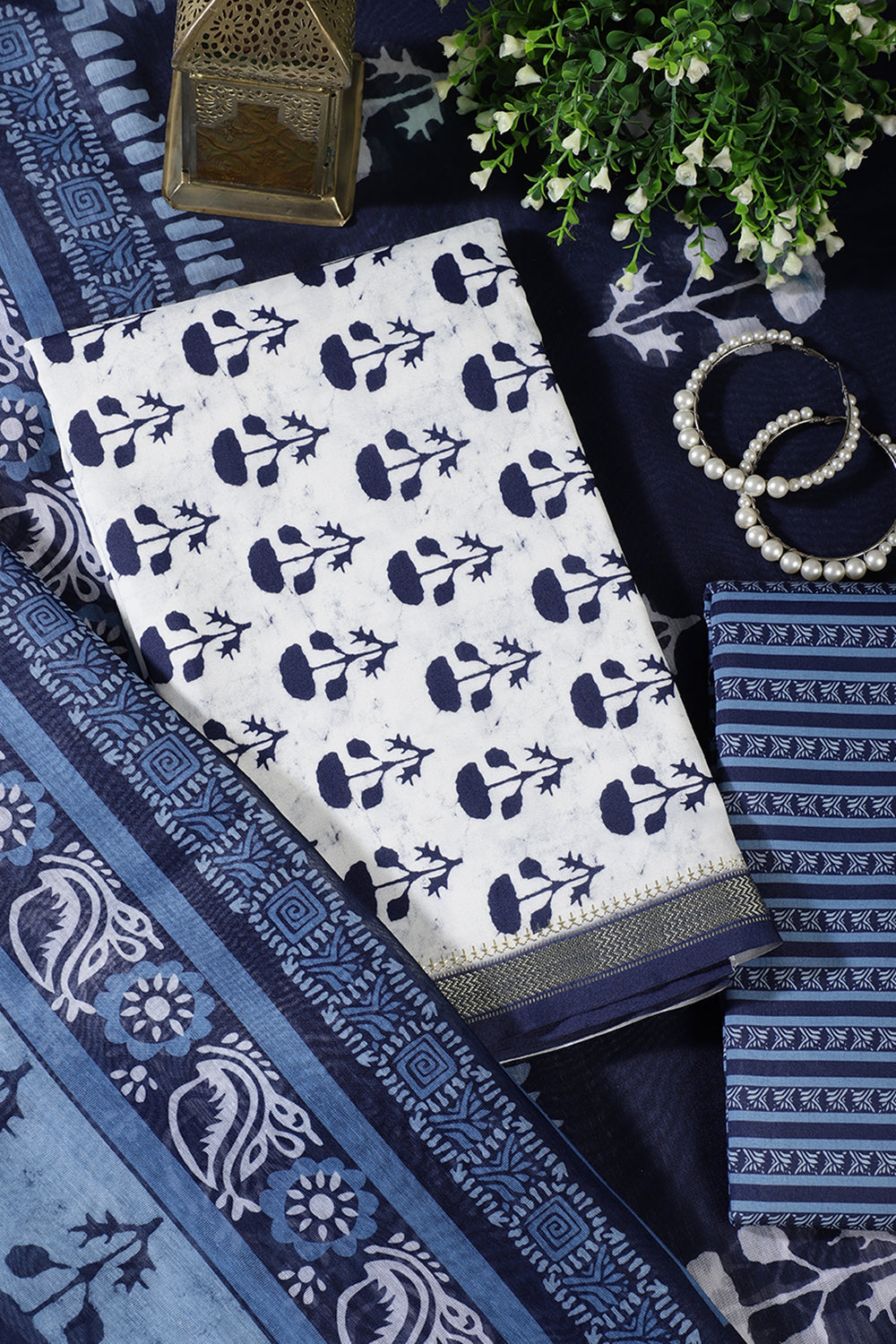 Navy And White Cotton  Zari Border & Floral Block Print Unstitched Suit Material