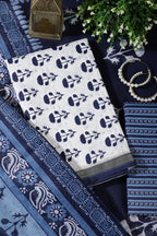 Navy And White Cotton  Zari Border & Floral Block Print Unstitched Suit Material