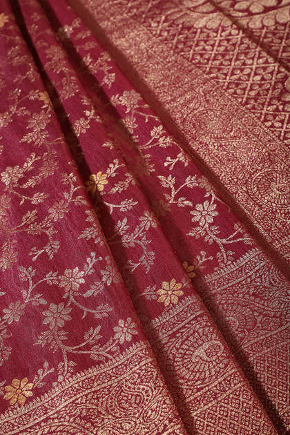 Dark Scarlet Floral Zaal Woven Silk Banarasi Saree