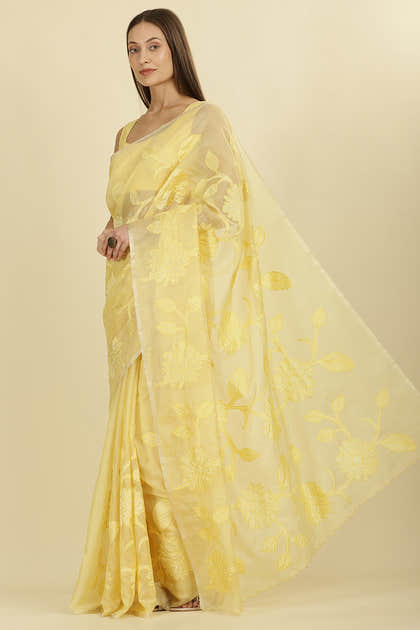 Pale Yellow Cotton Floral Resham Embroidered Saree