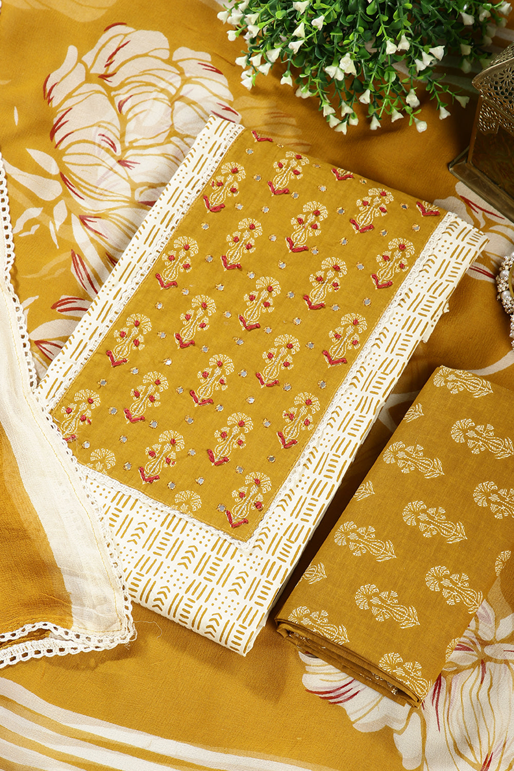 Mustard Color Cotton Printed Unstitched Suit Material