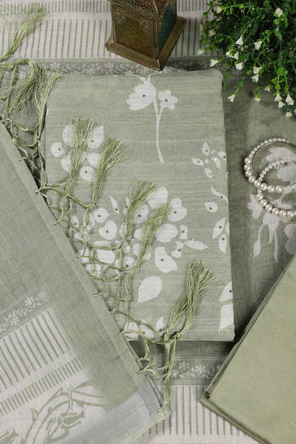 Green Color Printed Linen Cotton Unstitched Suits