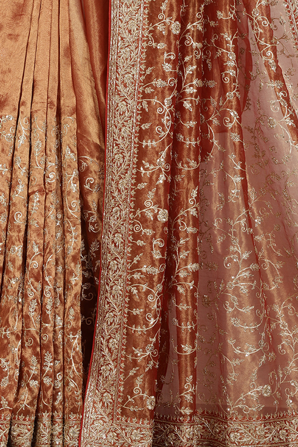 Copper Gold Pure Tissue Silk Saree with Aari & Zardozi Handwork