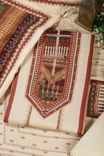 Cream Printed Spun Unstitched Suit Material