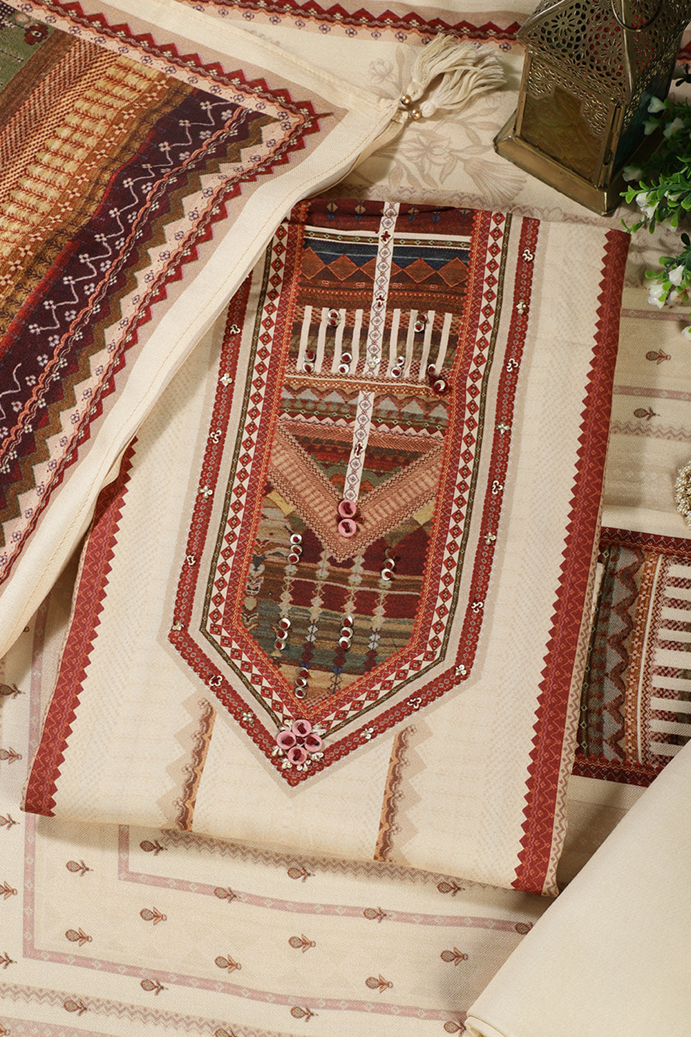 Cream Printed Spun Unstitched Suit Material