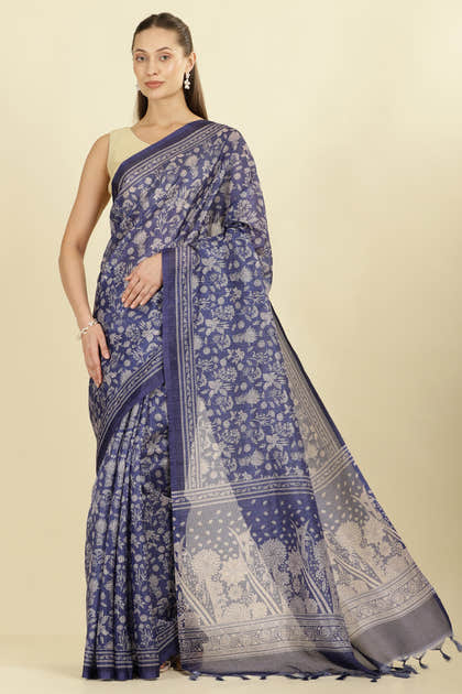 Indigo Kota Cotton Floral Jaal Printed Saree