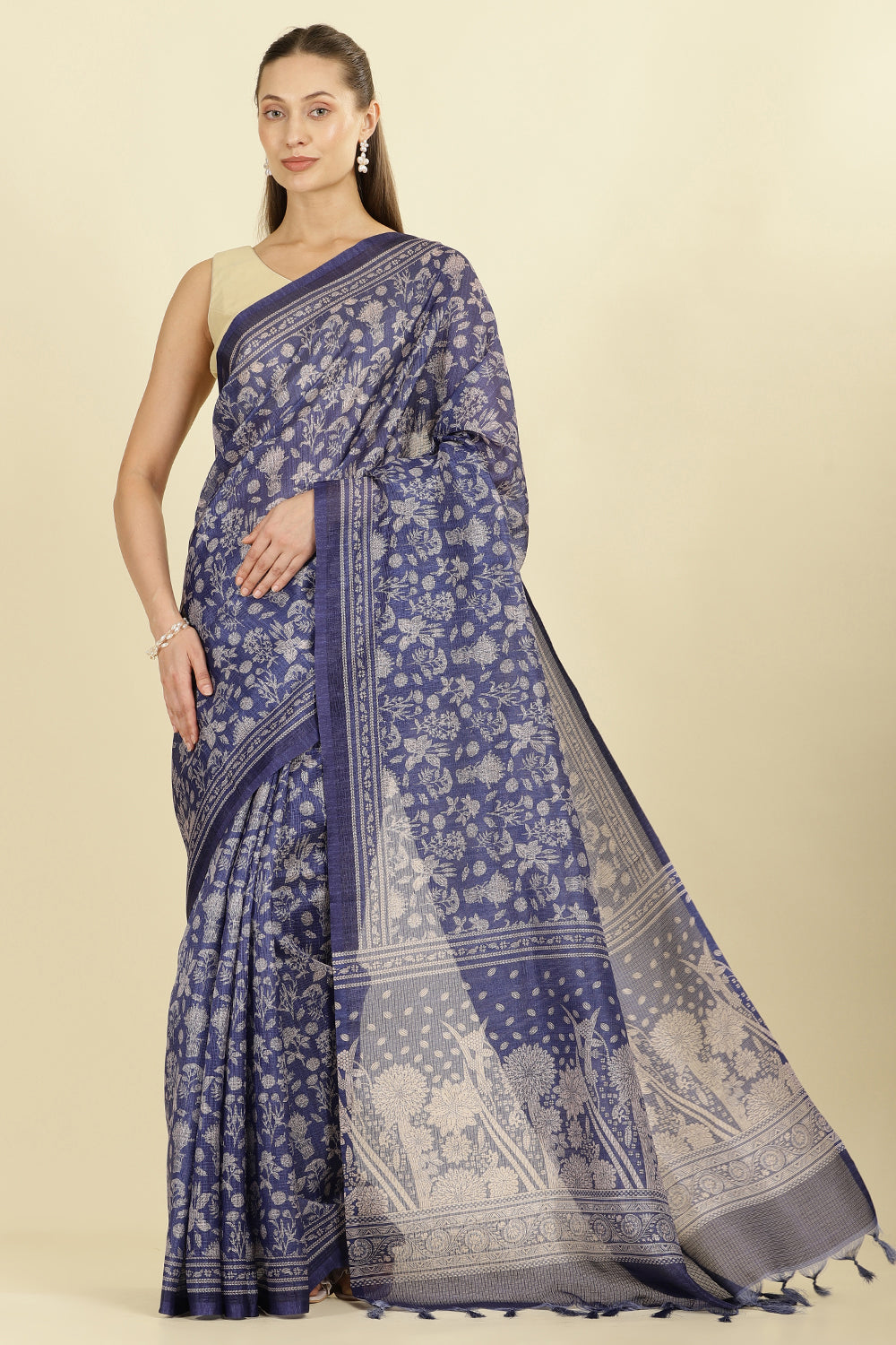 Indigo Kota Cotton Floral Jaal Printed Saree