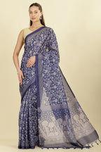 Indigo Kota Cotton Floral Jaal Printed Saree