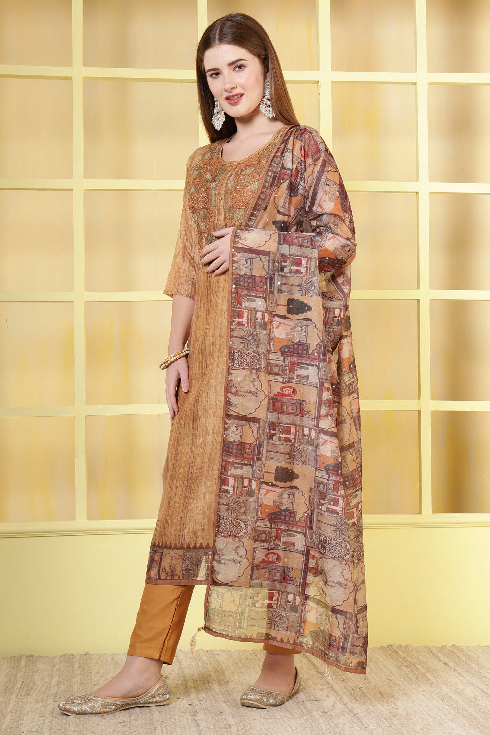 Brown Chanderi Neck-Embroidered Straight Suit