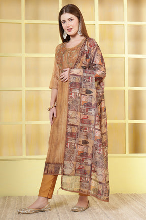 Brown Chanderi Neck-Embroidered Straight Suit